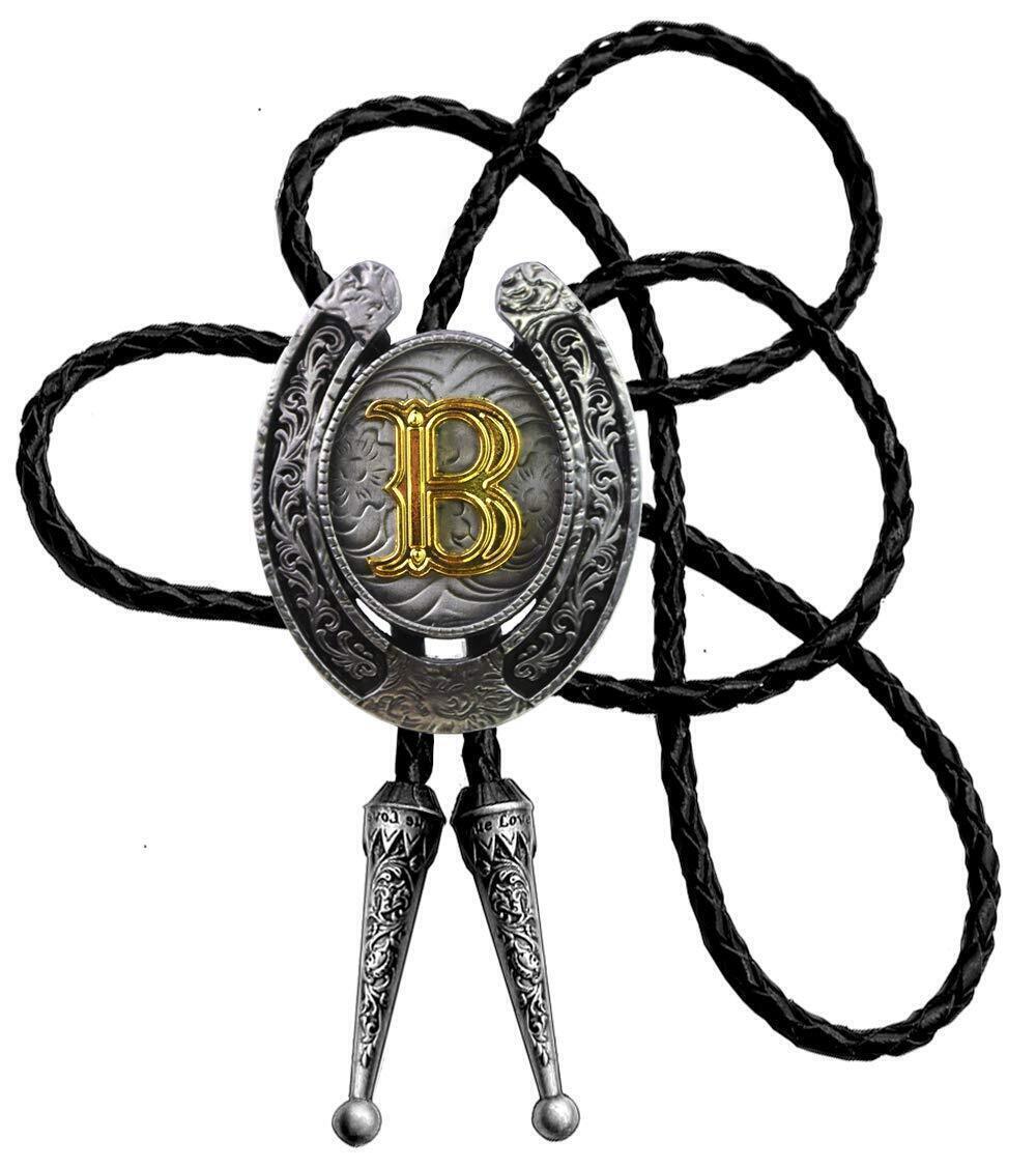 8419 Bolo Tie Golden Initial Letter A to Z In Western Cowboy Horseshoe